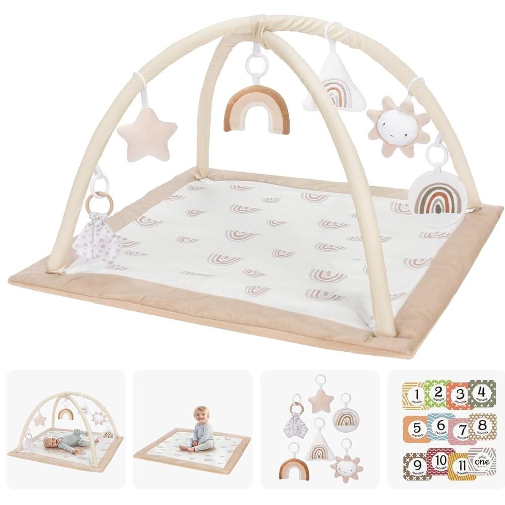 Washable Baby Tummy Time Play Mat, Gym w/ 6 Featured Toys and 12 Milestone Cards